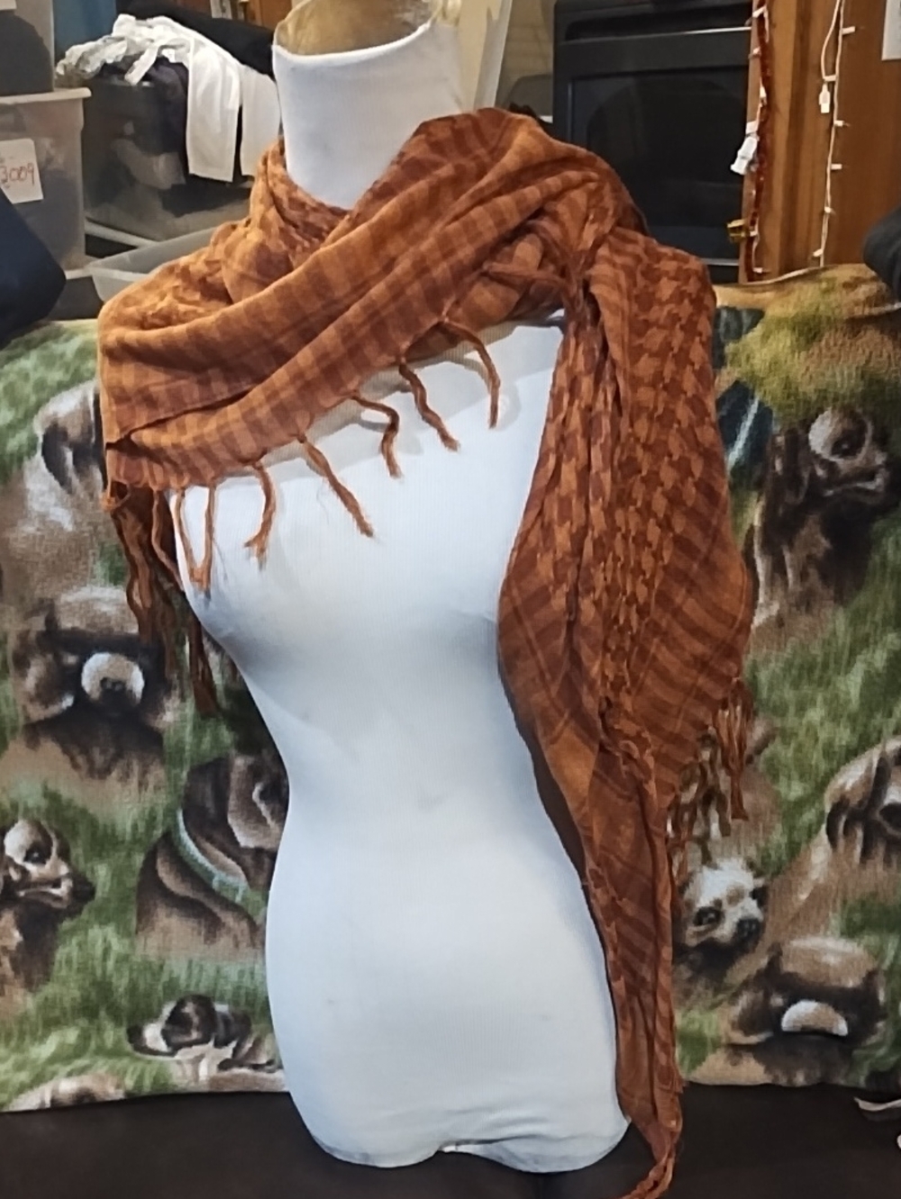 Rust Brown Patterned Fringe Wrap Scarf - Unbranded
